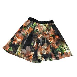 Girls Floral Mesh Pleated Skirt Black Orange Green Elastic Waist Zipper Detail